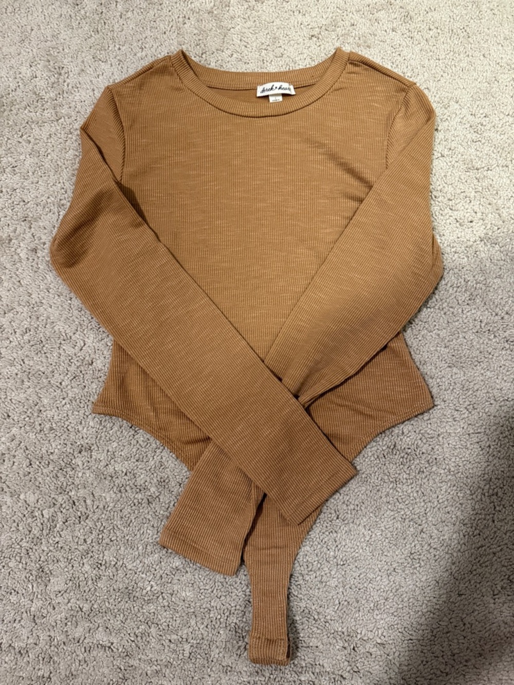 Derek Heart Ribbed Long-Sleeve Bodysuit in Camel
